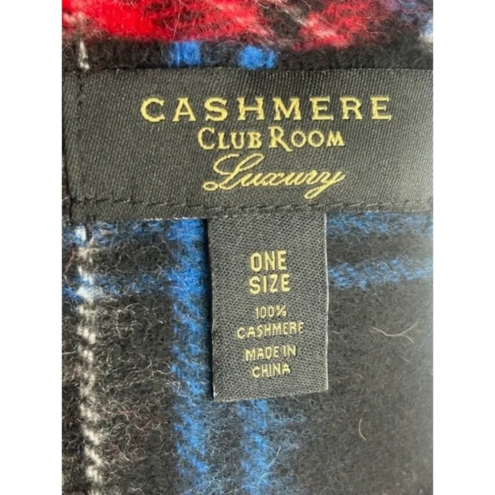 Club Room Mens Blue & Red 100% Cashmere Plaid Scarf Soft Warm Fringe 64 x 12 NWT